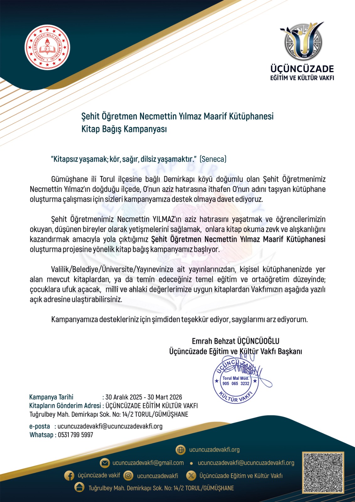 Vakfımız Tarafından Başlatılan Şehit Öğretmen Necmettin Yılmaz Maarif Kütüphanesi Kitap Bağış Kampanyası